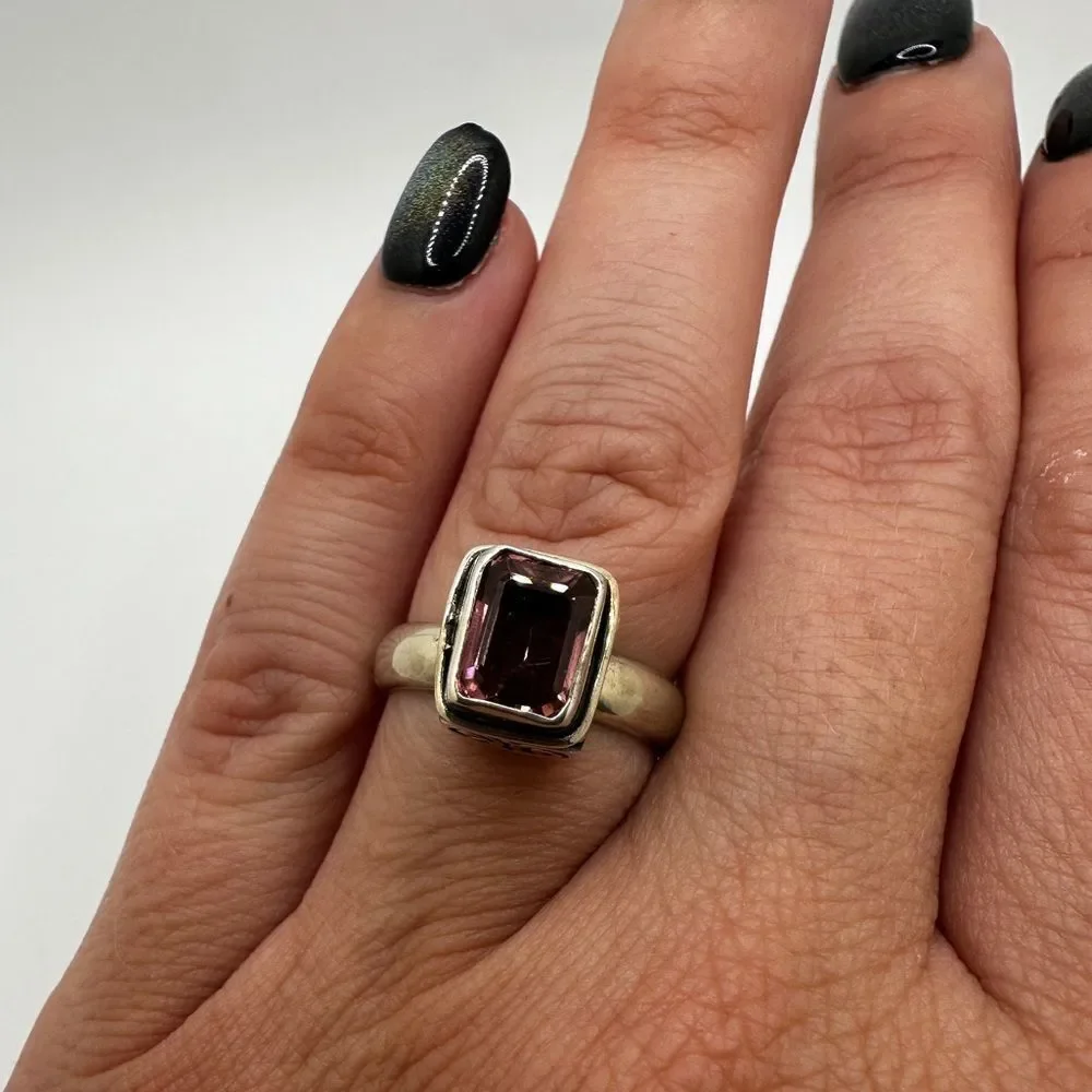 NWT 2ct emerald cut Pink Tourmaline, Bali Sterling‎ silver ring!